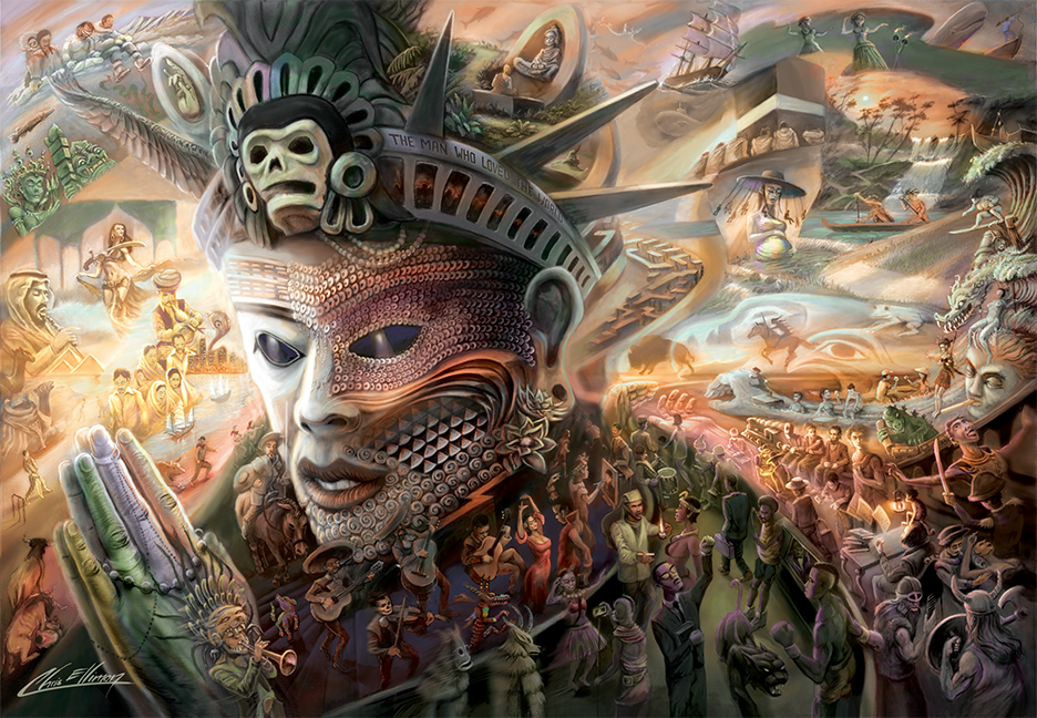 © Крис Эллиман (Chris Elliman). «Человек, который любил мир» 24 x 34″. Здесь речь идет о смешивании всех рас и шаман представляет будущее человечества. 