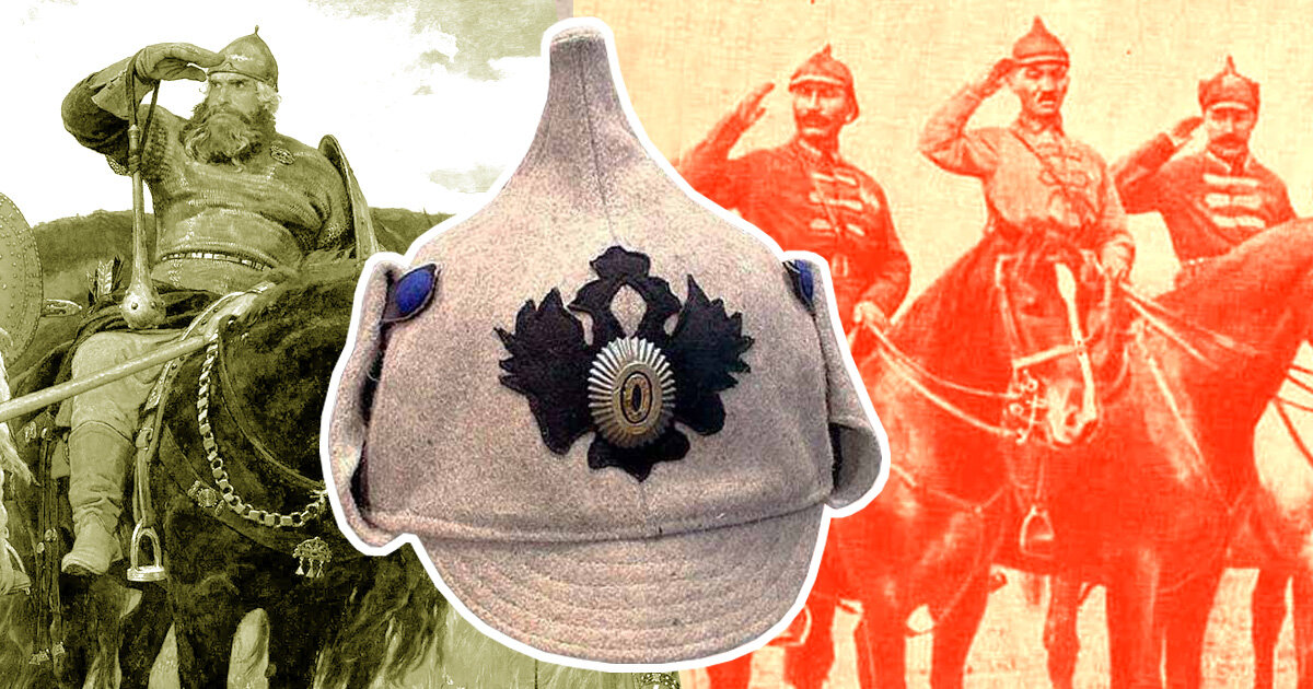 на фрагменте картины Богатыри (слева) -в головном уборе -прародителе буденовки Илья Муромец.