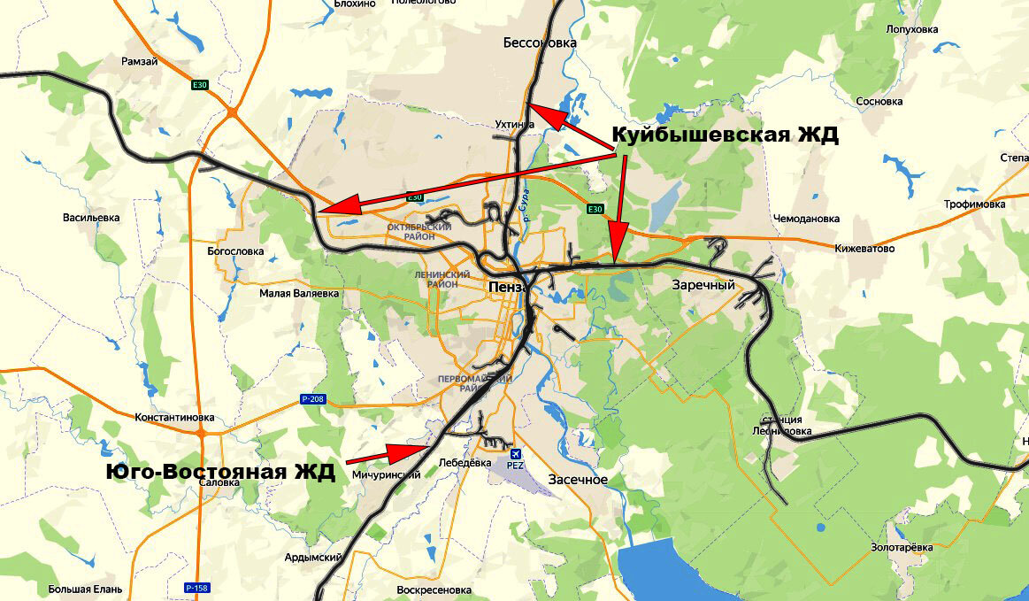 Железнодорожный  карткас г.Пенза, относительно которого развивается город