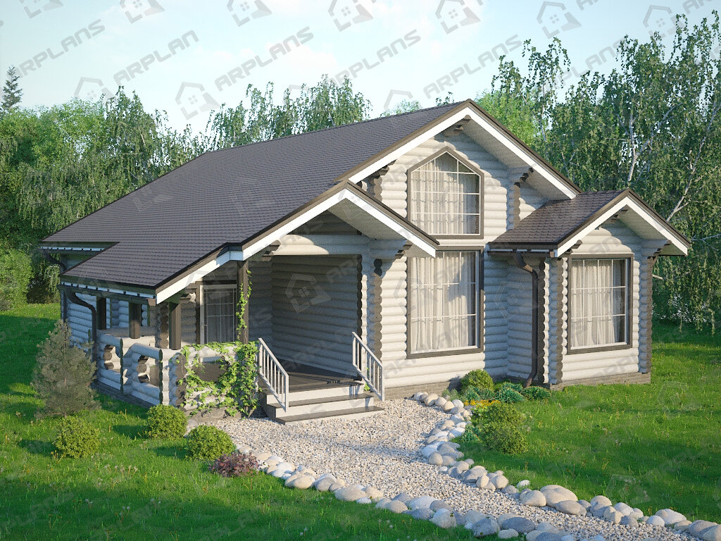 Фото 1 одноэтажного деревянного дома из бревна с 3 спальнями, сауной и террасой. Общая площадь до 150 (134) кв м. Источник arplans.ru Проект ДО-059