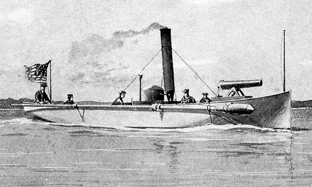 Минный катер Кашинга времен гражданской войны в США, оснащенный шестовой миной 