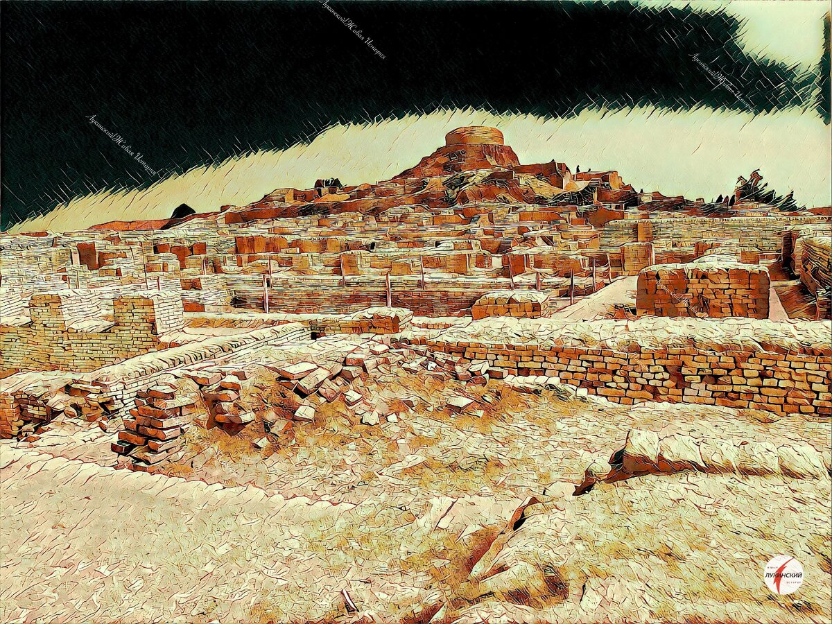 Руины Мохенджо-даро на рисунке Лукинского (цитадель на холме вдали) 