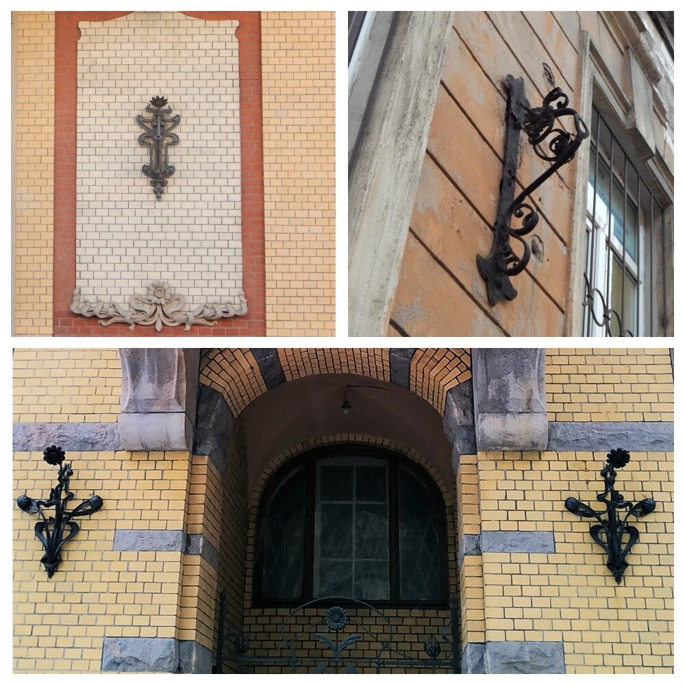 Нижнее фото: "Дом-особняк П. П. Форостовского"  4-я линия В.О., д. 9; левое верхнее фото: "Доходный дом С. В. Муяки", Ковенский переулок, д. 17, правое верхнее фото: ул. Рубинштейна, д. 26 (фотографии автора)