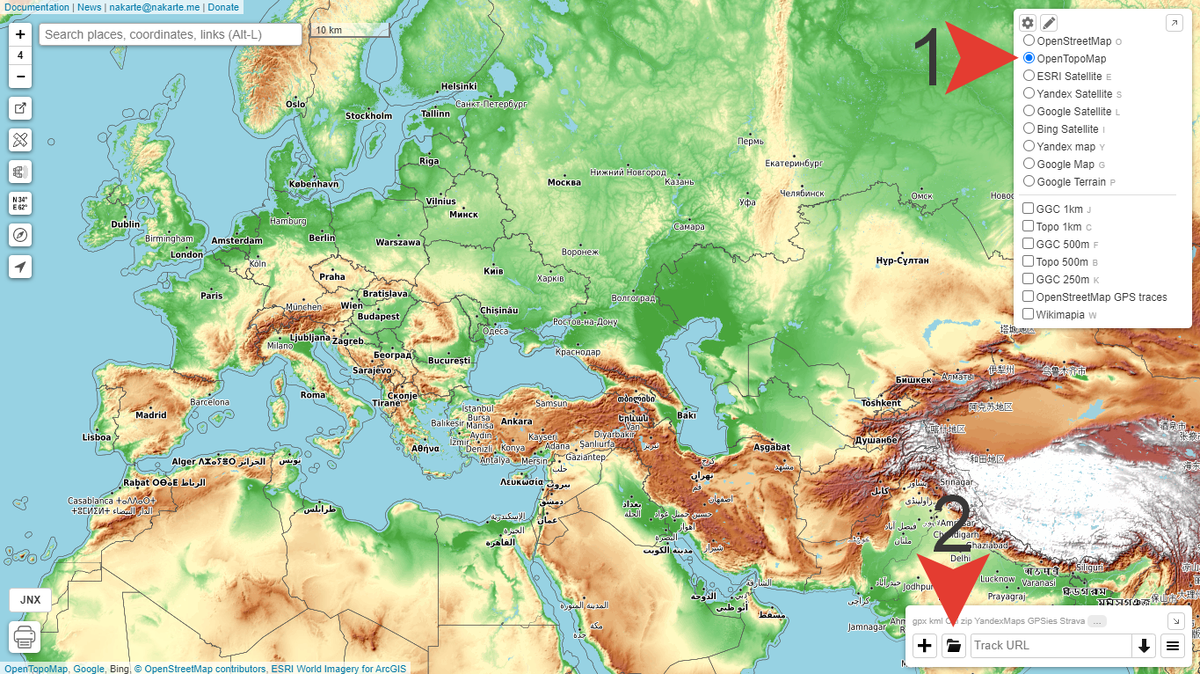 Переходим по ссылке, выбираем карту OpenTopoMap (1), затем открываем свои GPX файлы с маршрутами, разбитыми по дням (2), либо рисуем их прямо на сайте, нажимая на кнопку "+" рядом.