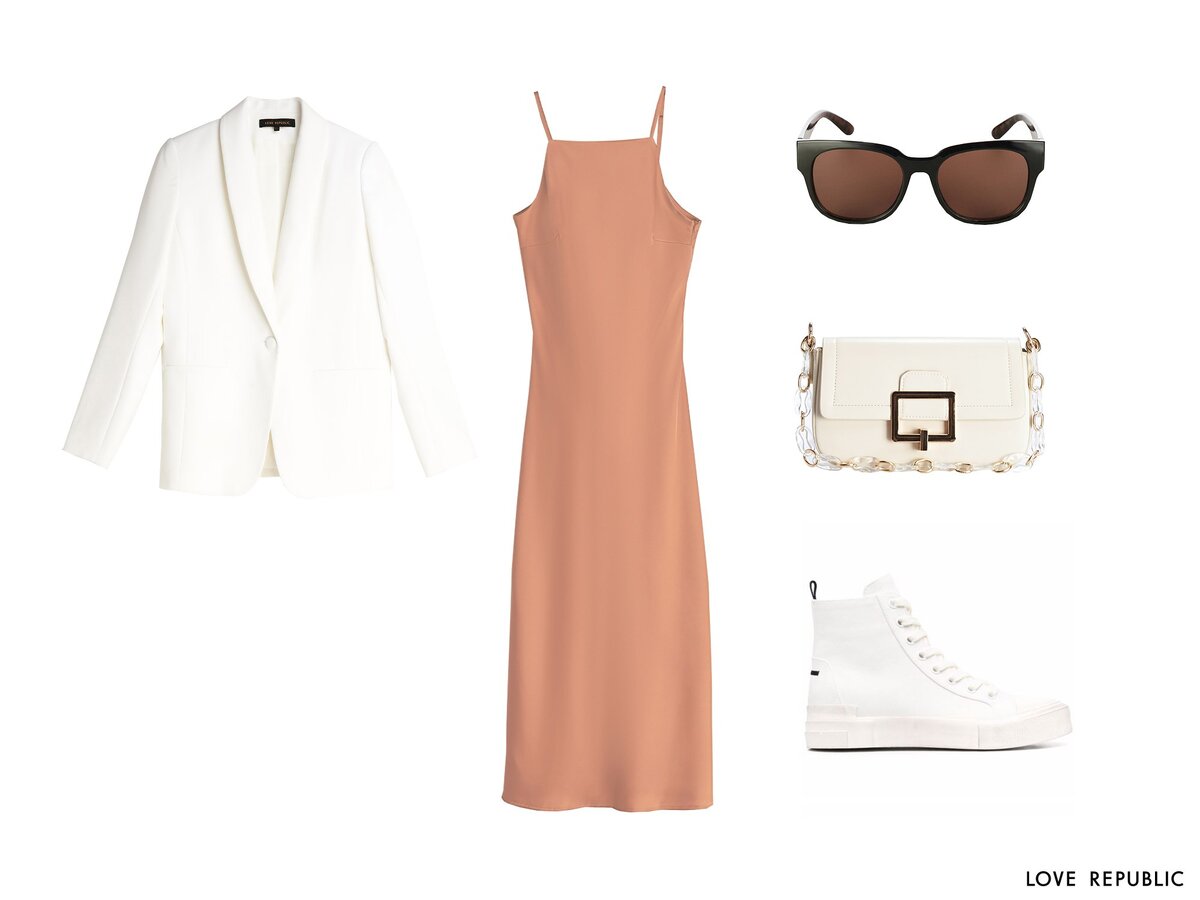 LOVE REPUBLIC на фото: платье (арт. 1357005519-62), жакет (арт. 1357215601-1), сумка (арт. 144720018-60), солнцезащитные очки (арт. 044536009-99). 