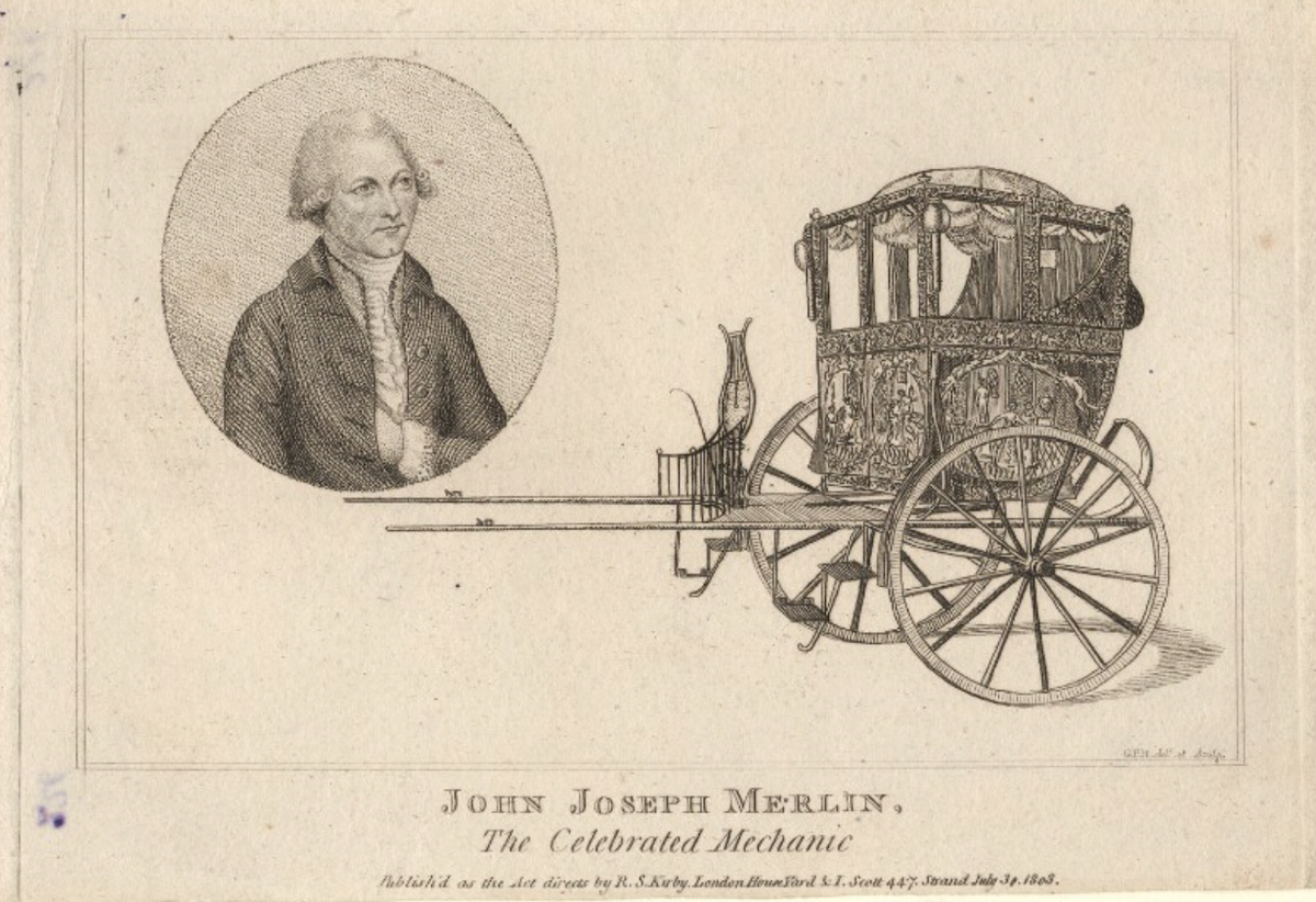 Так выглядел знаменитый английский изобретатель Джон Мерлин, а на рисунке одно из его изобретений – колесница с механическим кнутом.