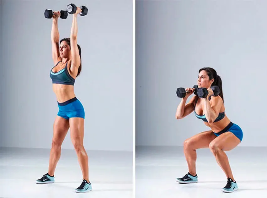 Приседания + жим гантелей вверх