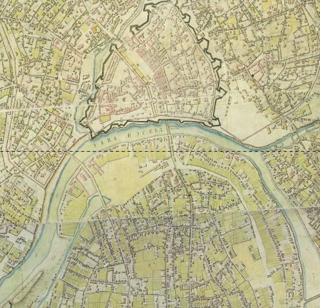 Фрагмент карты Москвы, составленной Горихвостовым в 1768 году. С сайта www.retromap.ru. Здесь мы видим в основном Кремль и Замоскворечье. Как можно заметить, никаких цифр нет.