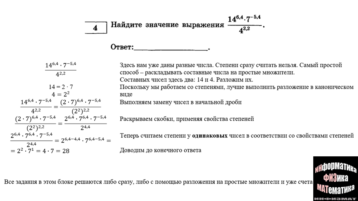 Преобразование степенных выражений в №4 ЕГЭ математика профильный уровень.  Теория и разбор типичных задач | In ФИЗМАТ | Дзен