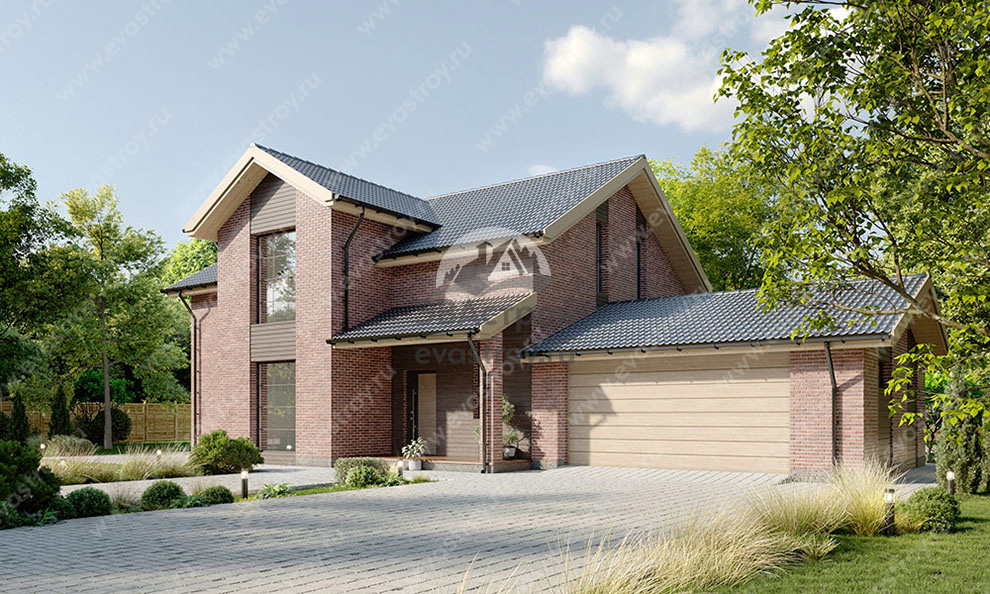 Проект двухэтажного дома 258 м2 в европейском стиле с кабинетом, двухместным гаражом и террасой - SRK-79