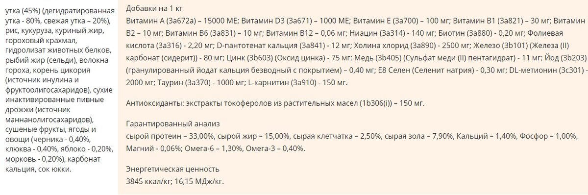 Состав корма Alleva Equilibrium для взрослых кошек с уткой