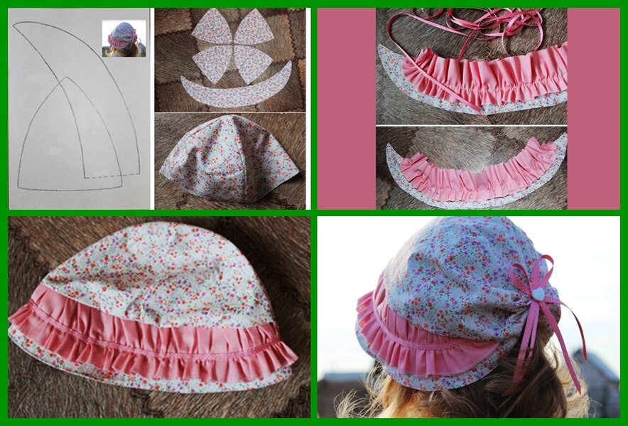 Еще один вариант простой шляпки для девочки с козырьком, отделанным рюшкой, сзади собран складочками. для удобства носки.