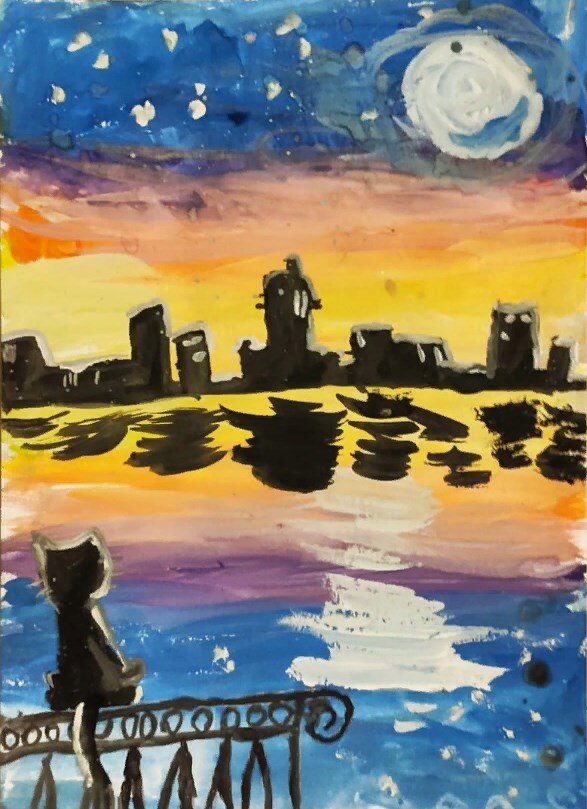 2. Александра Пустовалова. Изостудия "Модерн" МБУ ДО "Дом детского творчества". Московская область, г. Ступино. Живопись. Дошкольная группа. Руководитель Кристина Матыцина. "Вечером у реки". Диплом 1 степени.