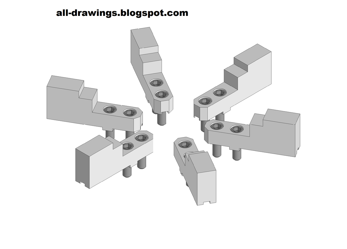 3D модель и чертежи накладных кулачков для шестикулачкового патрона