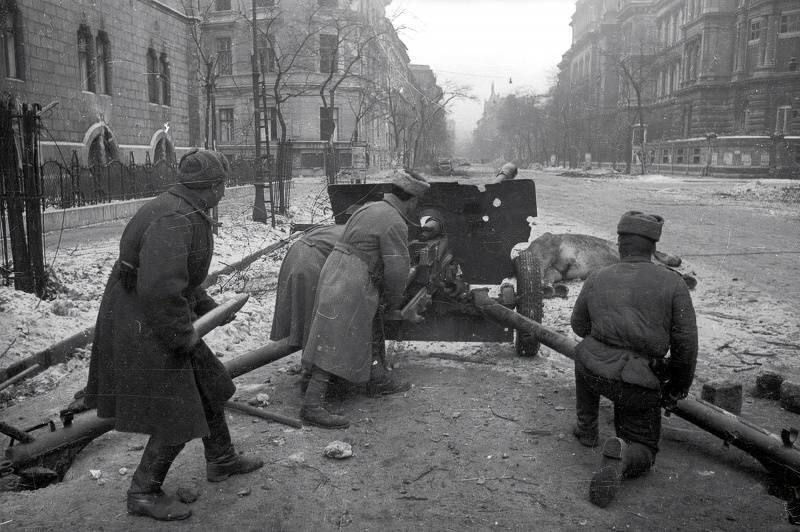 Орудийный расчет на улицах будапешта, январь 1945.