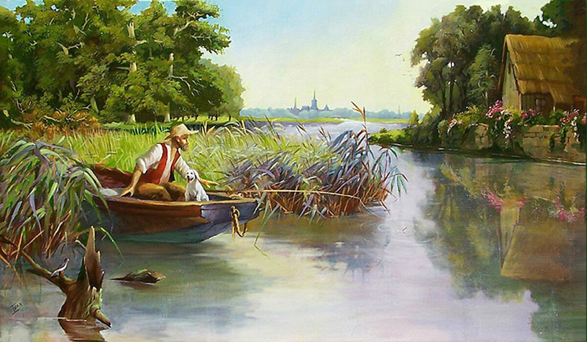 пейзаж с лодкой на реке
