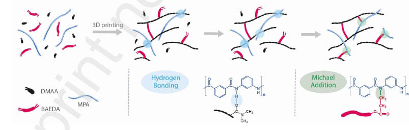 Рисунок, иллюстрирующий процесс. Слева-направо - исходная фотополимерная композиция, отвержденный фотополимер в результате 3D-печати, отвержденная фотополимерная композиция при нагреве до 200 градусов Цельсия, отвержденная фотополимерная композиция при нагреве свыше 200 градусов Цельсия.