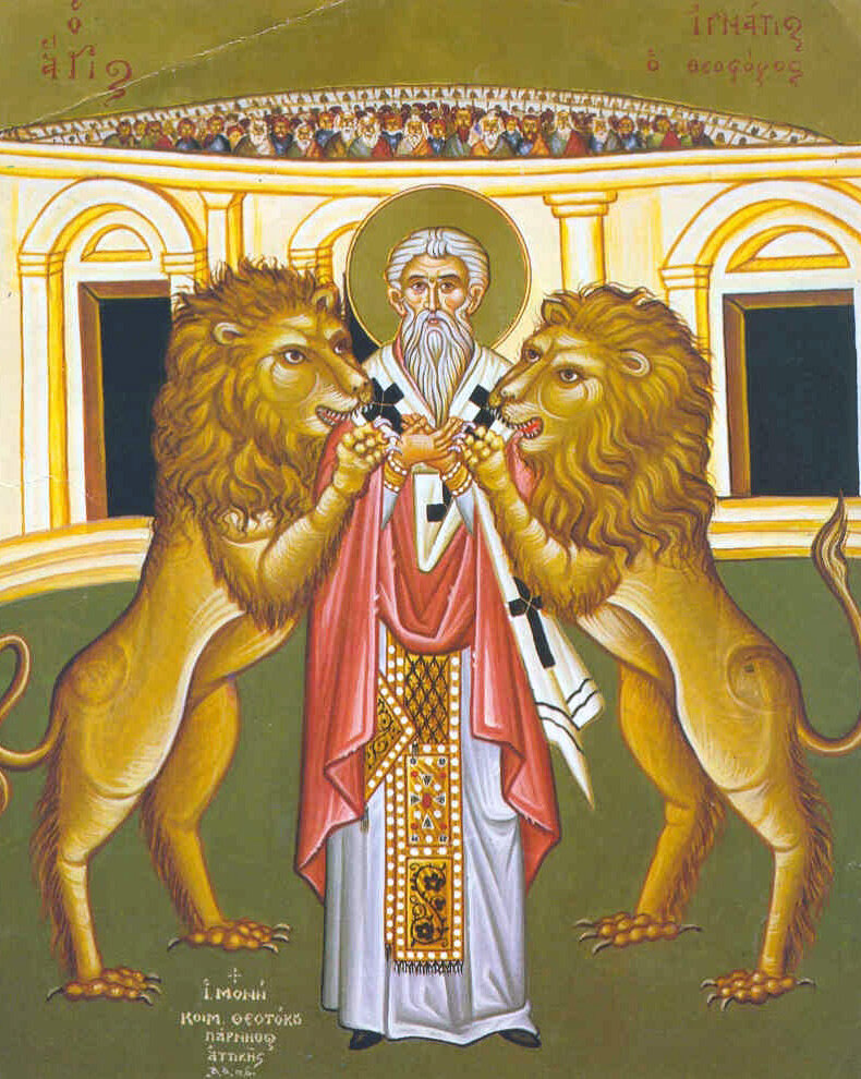 Святитель был подвергнут мученической казни - его растерзали дикие звери. Источник: https://spassobor.ru/11-fevralya-perenesenie-moshhej-sshhmch-ignatiya-bogonostsa/