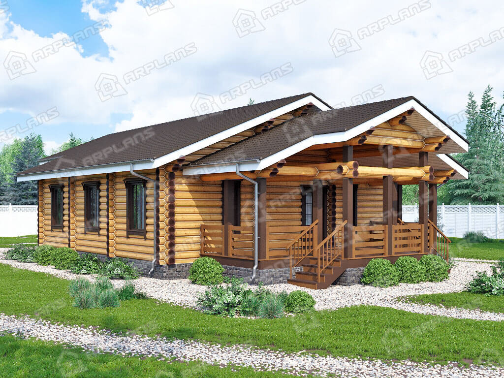Фото 2 одноэтажного деревянного дома из бревна с 3 спальнями, газовой котельной и террасой. 143 кв м. Источник arplans.ru Проект ДО-008 