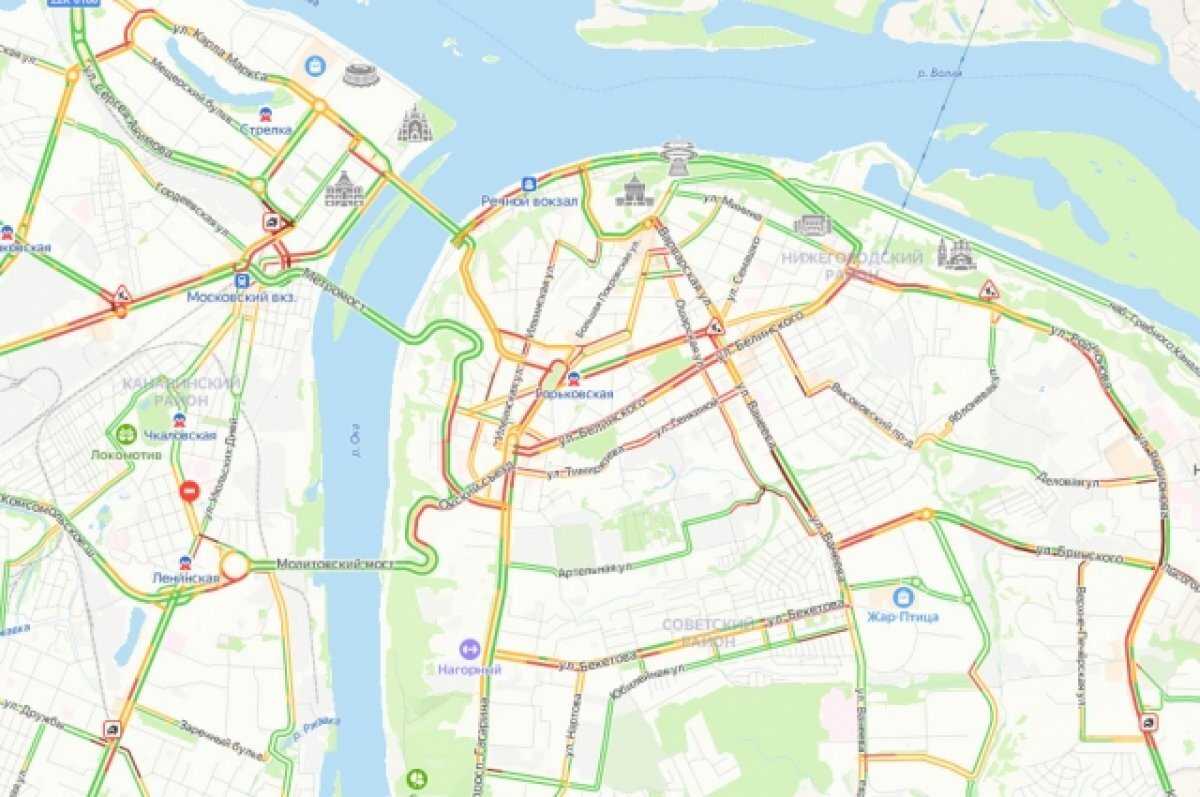    Пробки 9 баллов на дорогах Нижнего Новгорода вечером 19 декабря