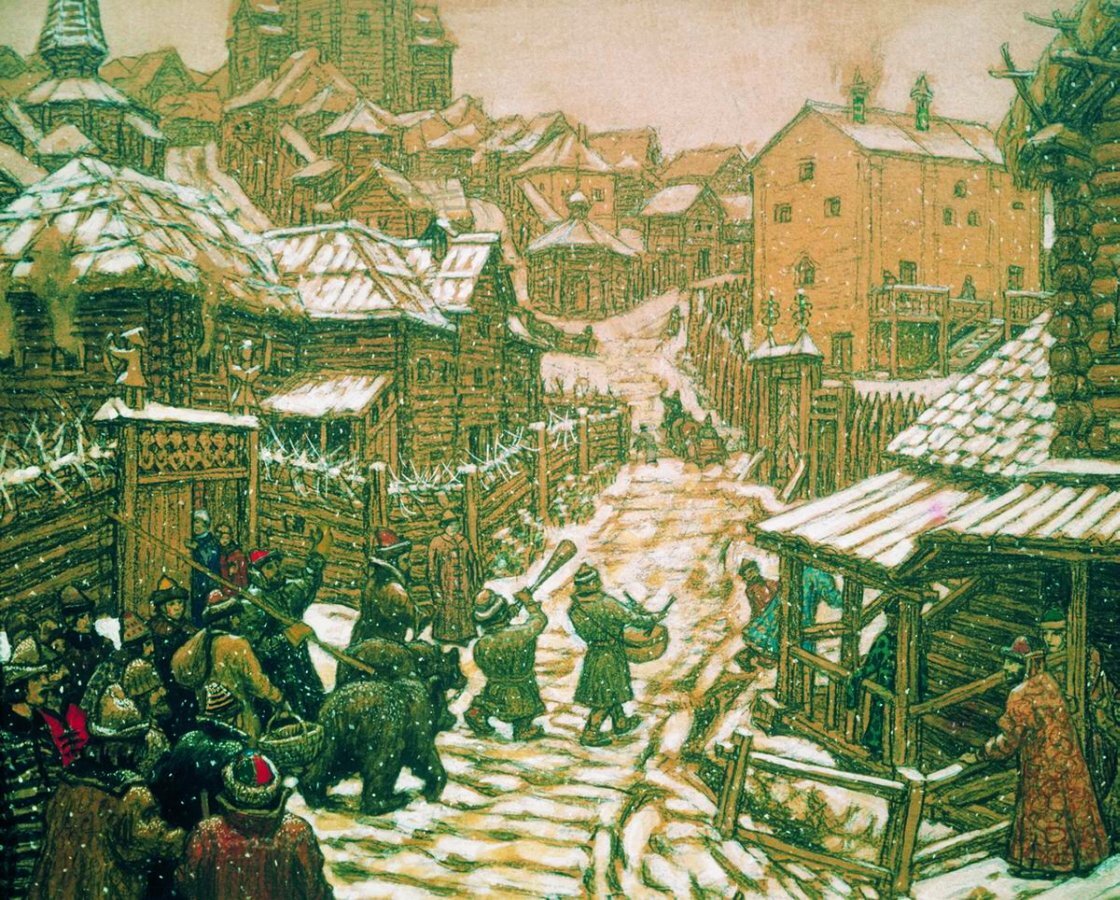 Рисунок А.М. Васнецова «Медведчики. Старая Москва». 1911 год. Хранится в Государственной Третьяковской галерее. Изображена Москва не позднее середины XVIII века.