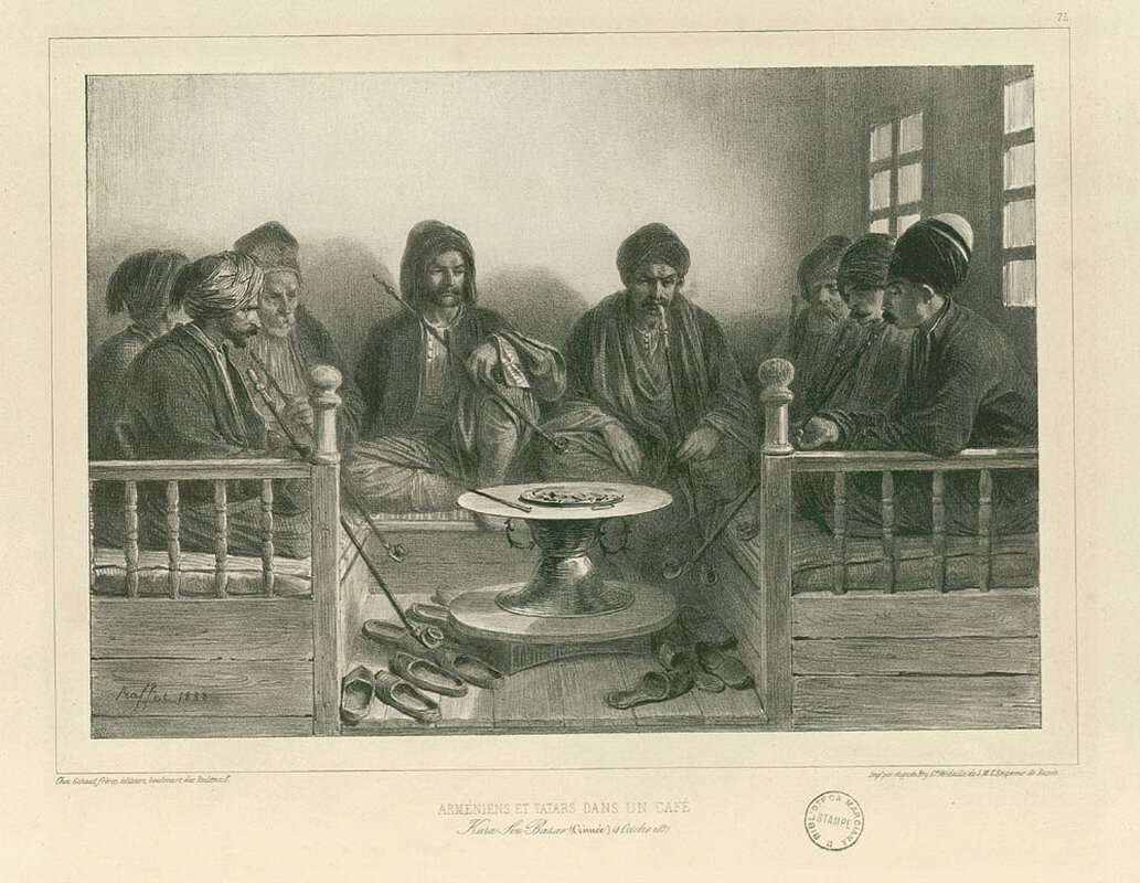 Огюст Раффе. Армяне и татары в кофейне Карасубазара, 1837 год 