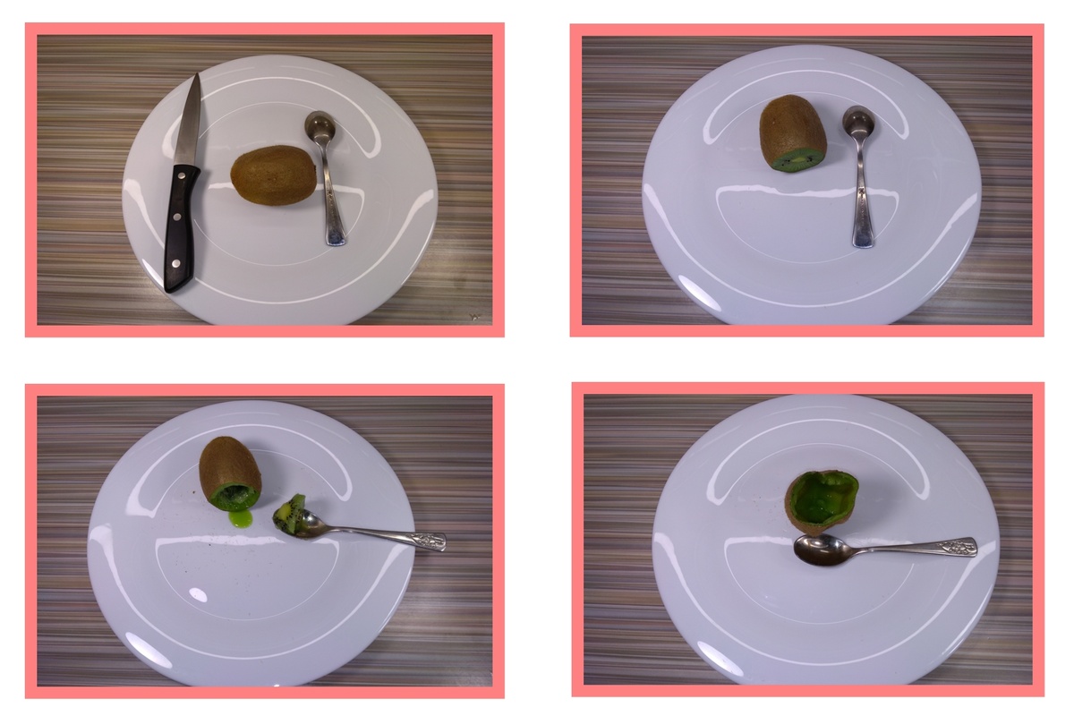 Необходимо ножом отрезать одну попку (кончик) у киви. Далее ложкой начинаем доставать мякоть киви. И таким способом съедаем весь фрукт до конца. В результате руки и тарелка чистые. 