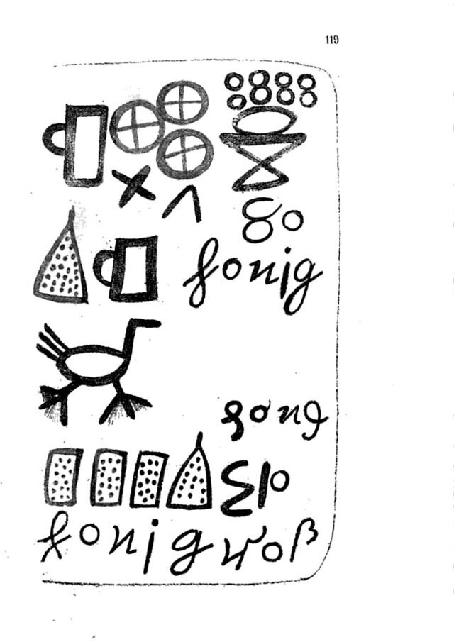 Здесь и далее дешифровка страницы по Домене: Переселение двух племён с Востока на Запад в местность, богатую лесами и целебными травами. Сверху отмечается, сколько «лун» заняло путешествие.