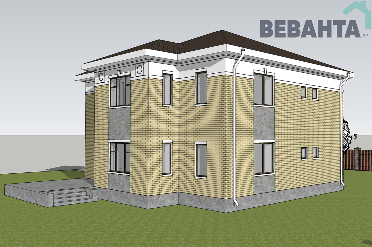 Цоколь дома, пространства под окнами и крыльцо с террасой облицованы искусственным камнем