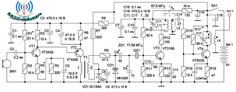 Схема ЧМ радиомикрофона