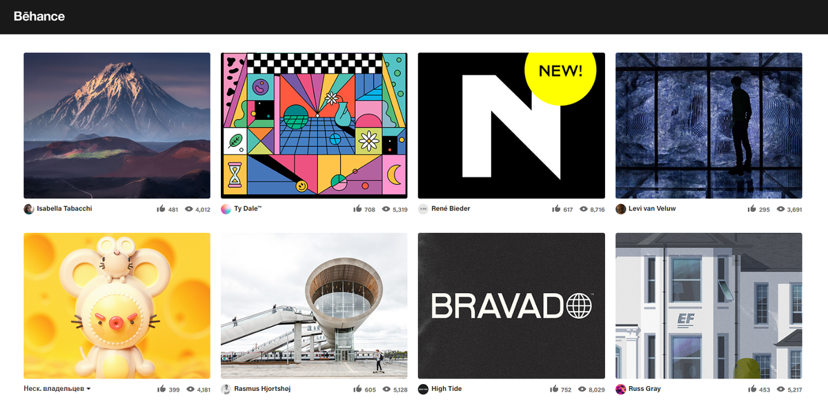 Лучшие работы за последнее время Behance всегда размещает на главной — искать не придётся