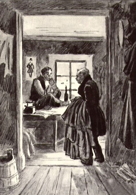 Художник Ю. Игнатьев. иллюстрация к повести Н. В. Гоголя ''Шинель" . Акакий Акакиевич у портного. Акакий Акакиевич прошел через кухню, не замеченный даже самою хозяйкою, и вступил наконец в комнату, где увидел Петровича, сидевшего на широком деревянном некрашеном столе и подвернувшего под себя ноги свои, как турецкий паша. Ноги, по обычаю портных, сидящих за работою, были нагишом...На шее у Петровича висел моток шелку и ниток, а на коленях была какая-то ветошь.