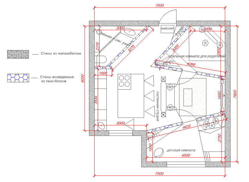 План однокомнатной квартиры для троих с расстановкой мебели.