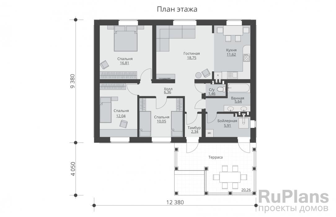 Rg5285 - проект одноэтажного дома 90 м² с тремя спальнями и террасой |  Создайте дом своей мечты с RuPlans. Наши идеальные проекты домов учитывают  ваши пожелания.Ваша мечта начинается с RuPlans | Дзен