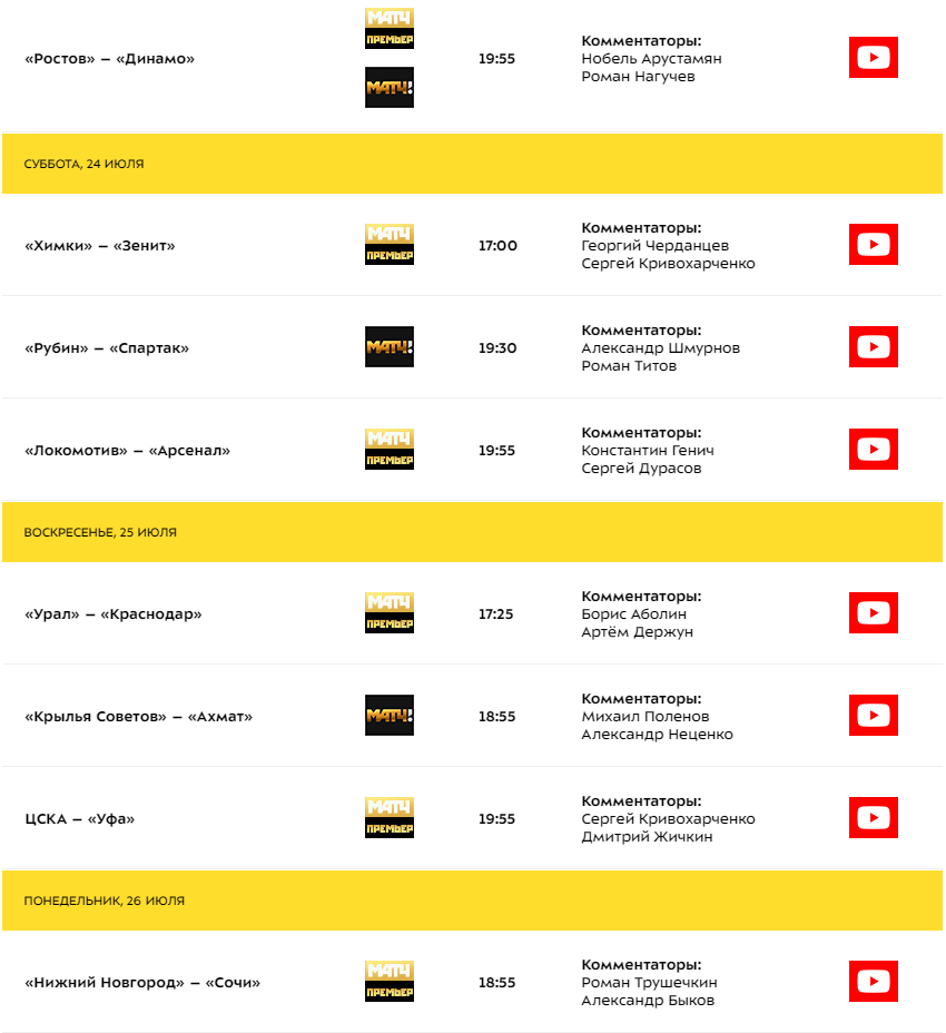 Расписание 1 тура с указанием трансляций