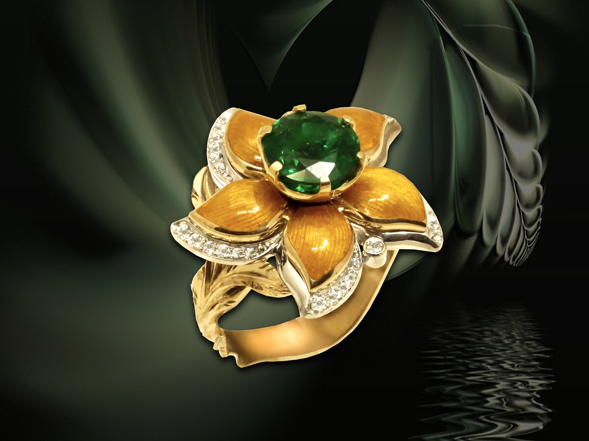 Кольцо Волшебница. Золото, изумруд, бриллианты, горячая эмаль. Арт-студия Ювелир