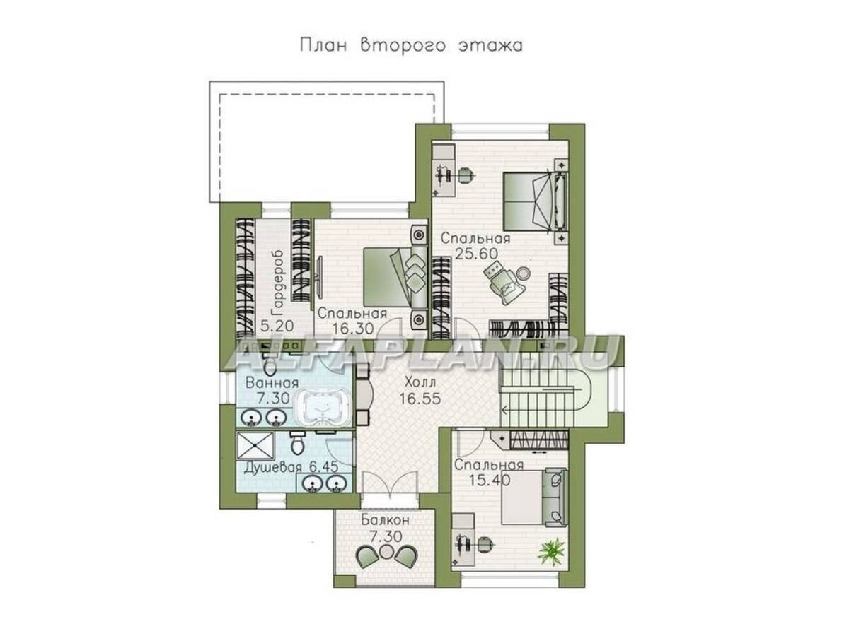 Планировка дома по проекту "Формула успеха" 755а
На 2 этаже:
· 3 спальни
· Мастер – спальня с гардеробной и ванной с джакузи
· Отдельный санузел с душевой
· Из холла выход на балкон