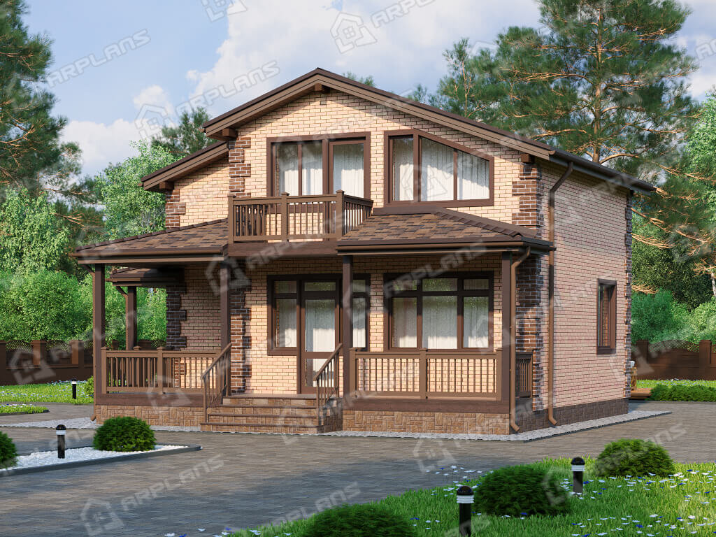 Фото 2 двухэтажного дома из газобетона с мансардой, 3 спальнями, балконом, топочной и терраса. Полезная площадь 90 кв м. Источник arplans.ru Проект К-372