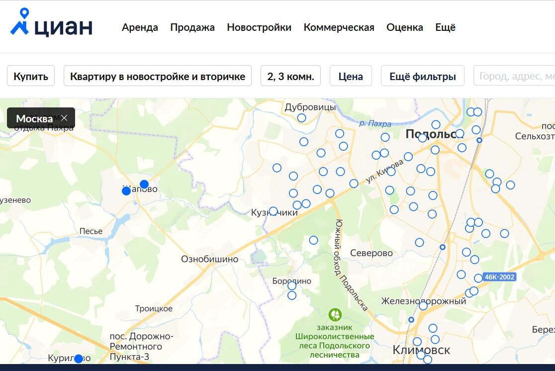 Когда не ставишь фильтры, кажется, что квартир в продаже много. Но стоит поставить ограничение хотя бы на минимальный размер кухни (от 9 м), и 90% квартир с карты испарится