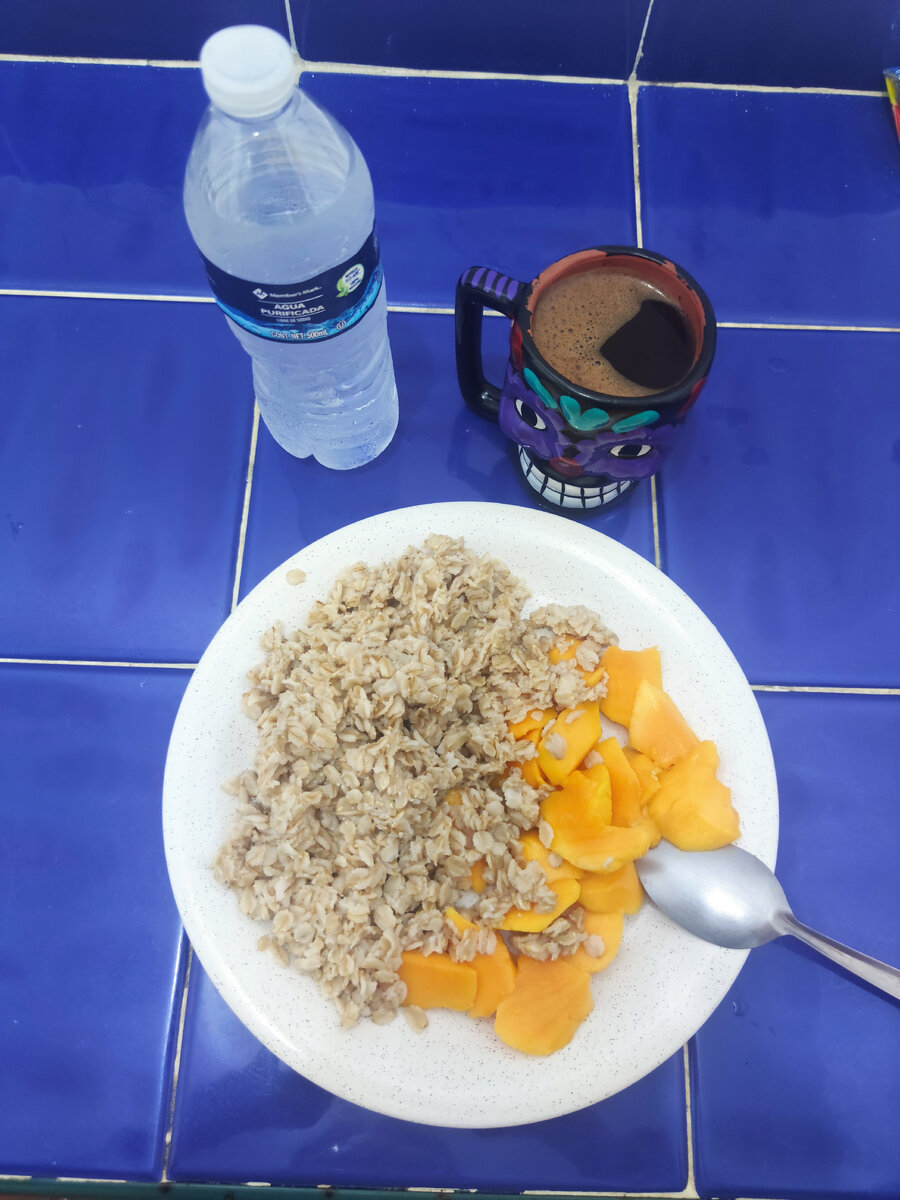 Манго+овсянка и кофе. Ела каждый день и не надоело.