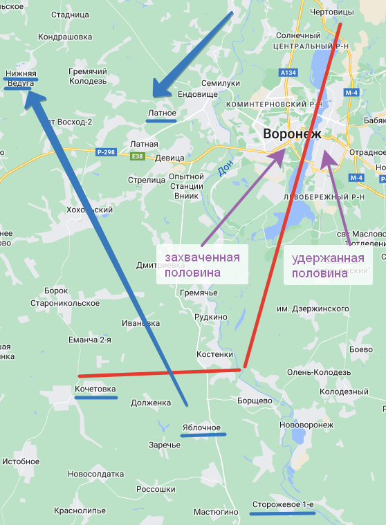 Примерная линия фронта через Воронеж. Рисунок Автора