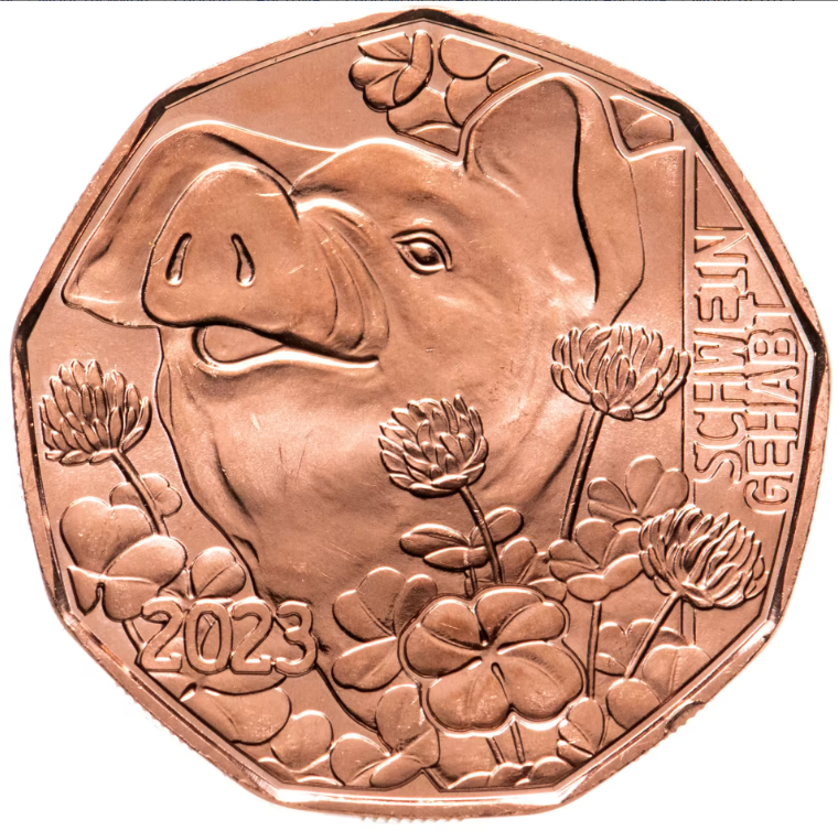 Реверс медной монеты Австрии "Schwein gehabt" 2023