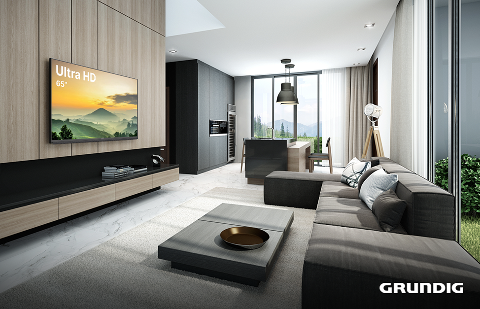 Телевизор Grundig 65GGU8960 отлично подойдет для стильного интерьера, благодаря своему тонкому корпусу и узким рамкам