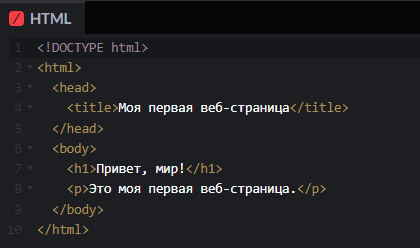 Пример простой HTML-разметки, которая выводит на страницу загоровок "Привет, мир!" и абзац "Это моя первая веб-страница."