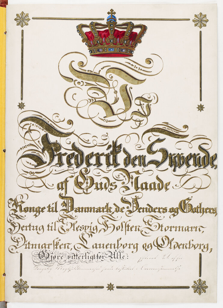 Обложка первой конституции Дании. https://danmarkshistorien.dk/vis/materiale/danmarks-riges-grundlov-af-5-juni-1849-junigrundloven/
