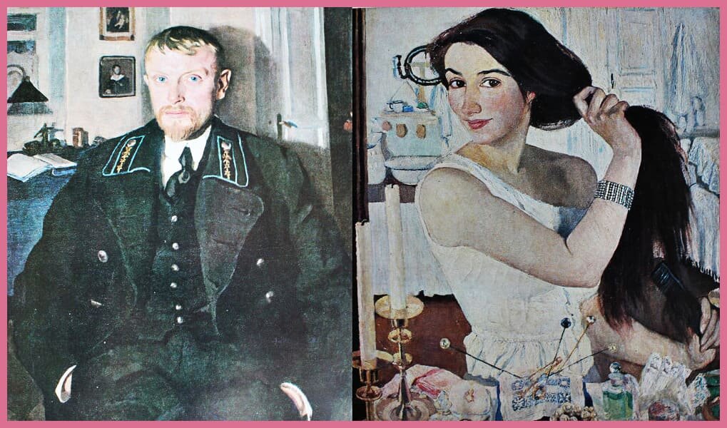 "Портрет Б.А.Серебрякова." 1913 (слева); "За туалетом. Автопортрет." 1908-1909 (справа).
