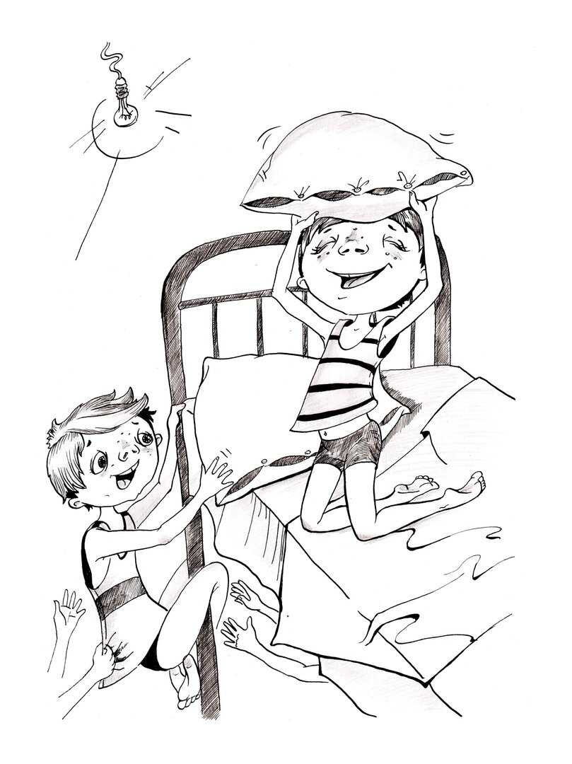 Иллюстрация к рассказу "Летний лагерь" из книги "Тайны Мишки Воробьёва, или Гусь Горыныч и прочие загадочные лица" автор Денис Макурин, художник Юлия Мальцева