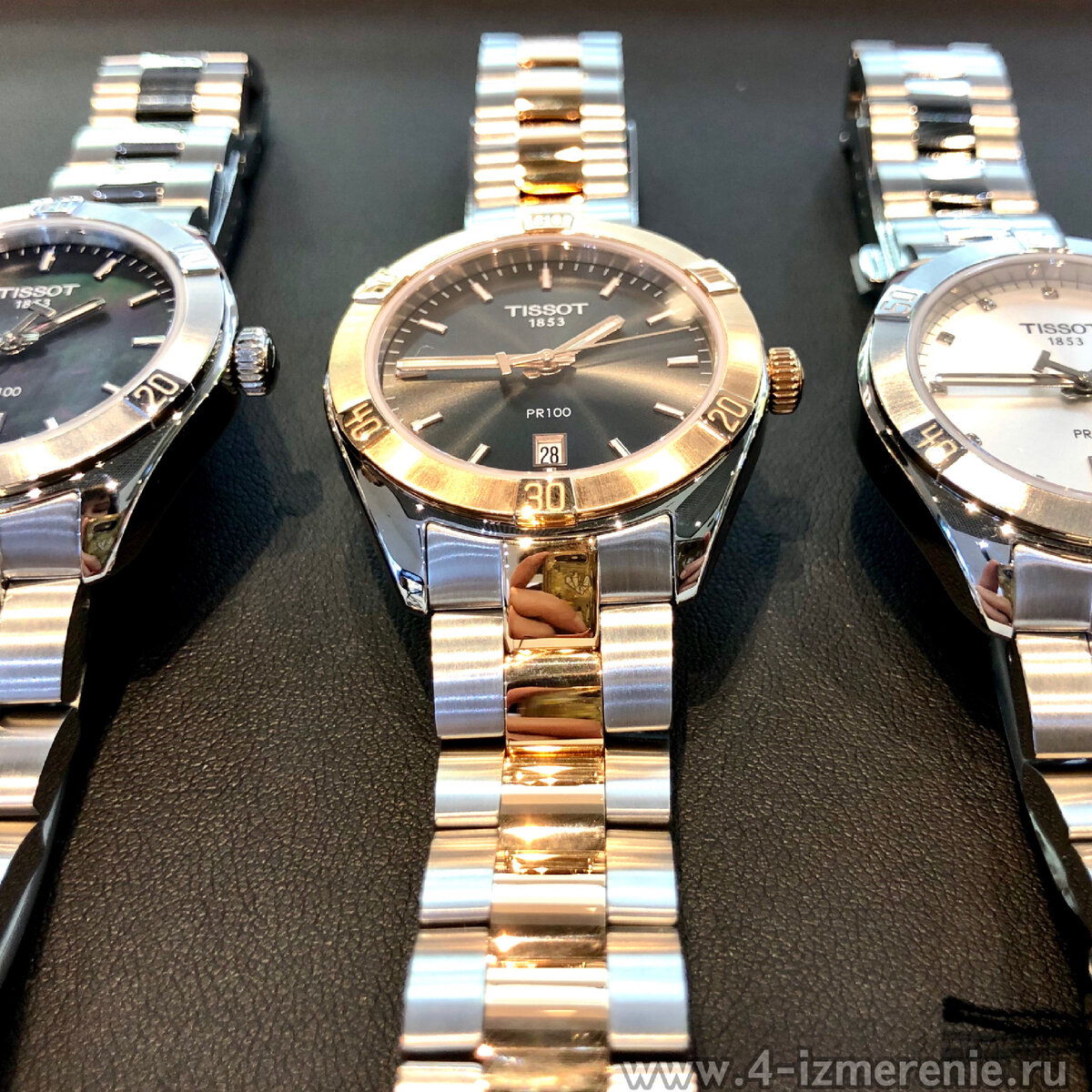 TISSOT PR 100 SPORT CHIC T101.910.11.121.00 - циферблат из чёрного перламутра 

TISSOT PR 100 SPORT CHIC T101.910.11.036.00 - с бриллиантовыми метками 

TISSOT PR 100 SPORT CHIC T101.910.22.061.00 - биколорная модель