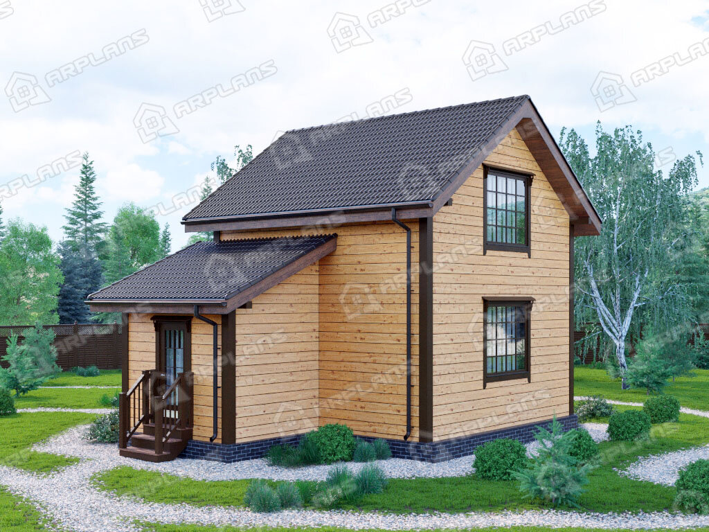 Фото 2 двухэтажного каркасного дома с мансардой, 3 спальнями и террасой. Полезная  площадь 70 кв м. Источник arplans.ru Проект И-063