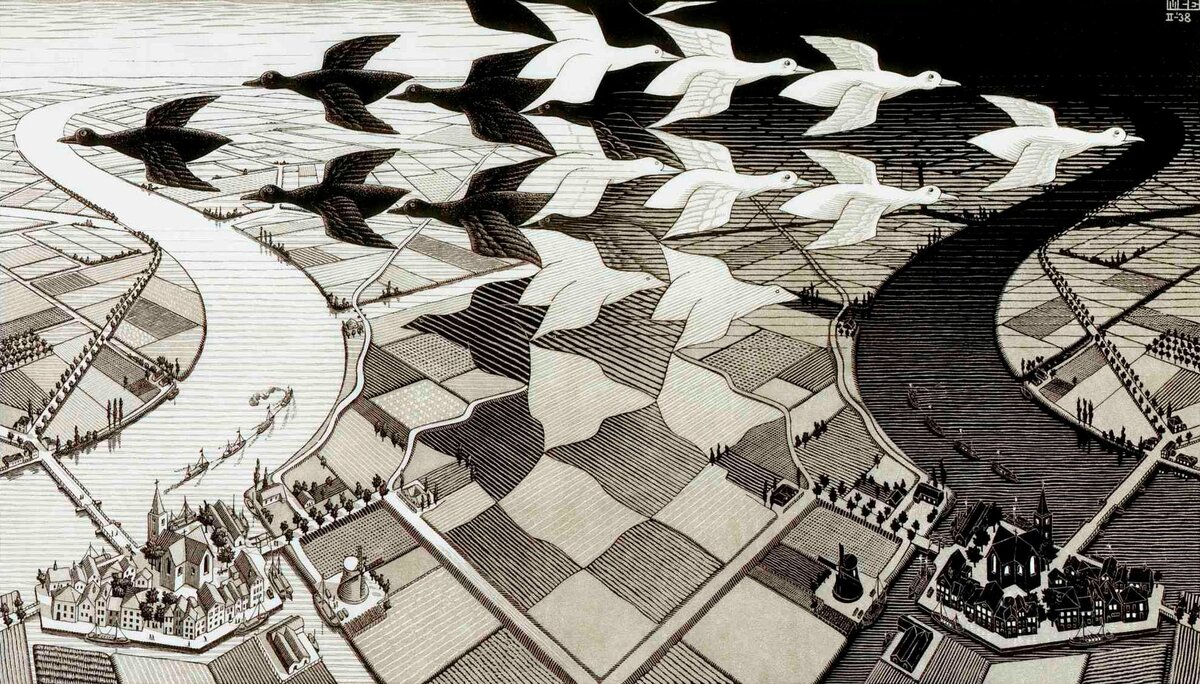 Картина Маурица Корнелиуса Эшера "День и Ночь", 1938 г.